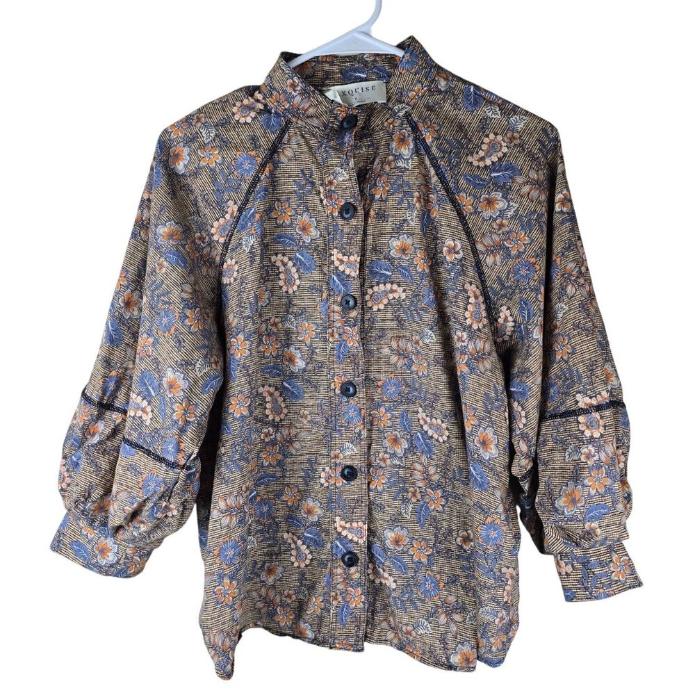 Vince ANTHROPOLOGIE Floral Button-Front Blouse — Blue & Tan